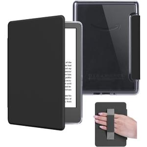 Case with Hand Strap for 6.8" Kindle Paperwhite 11th Generation 2021 and Kindle Paperwhite Signature Edition, PU Leather Cover, Transparent Hard Back Shell with Auto Sleep/Wake, Noble Black