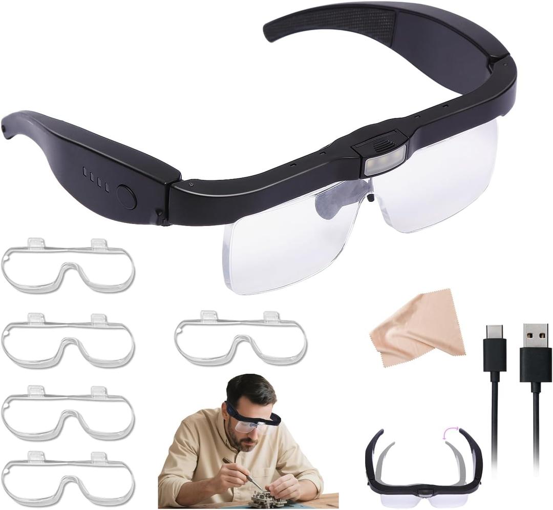 Professional Magnifying Glasses Headset with 5 Detachable Lenses 0.75X-4.0X & 3 LED Lights, Rechargeable Hands-Free Headband Magnifier for Close Work, Jewelry Crafts Hobby (Black)
