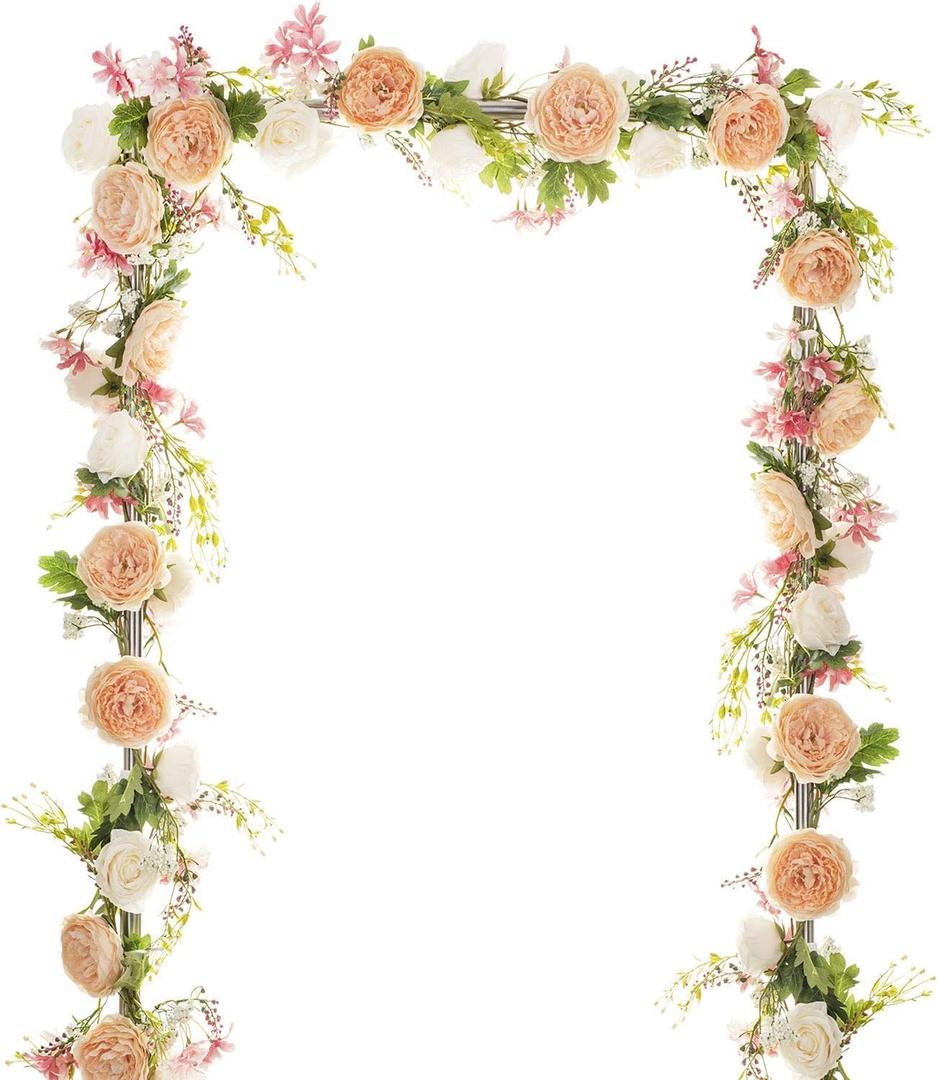 2 Pack Artificial Peony Garland, Floral Greenery Garland with Mixed Peony Flowers and Green Leaves for Wedding Table Home Party Decor (Champagne)