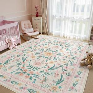 Pink Floral Area Rug 6x9,Soft Washable Girls Bedroom Rug for Nursery, Living Room or Playroom,Boho Vintage Non-Slip Carpet for Kids or Teen Girl Room Decor