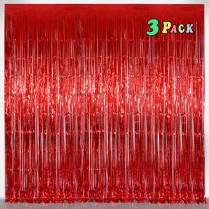 Red Party Streamers Decorations 3 Pack 3.2 x 8.2 ft Shiny Fringe Curtain for Birthday Party Decor, Red Streamers Backdrop, Valentines Day Decorations (Pure Red)