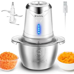 Food Processor Cordless Vegetable Chopper with 5 Cup Stainless Steel Bowl＆6000mAh USB Rechargeable Battery, Electric Garlic Meat Choppers BPA-free Baby Food Processors Blender Mincer, 2 Speeds (White)