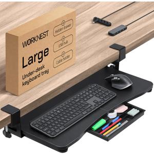 Keyboard Tray | Under Desk Keyboard Tray Slide Out w/Adjustable C-Clamps for Desks Up to 1.5-Inch-Thick | Clamp On Drawer with 1x USB-C to 4 USB-A Hub and 1x Five-Cable Management Organizer