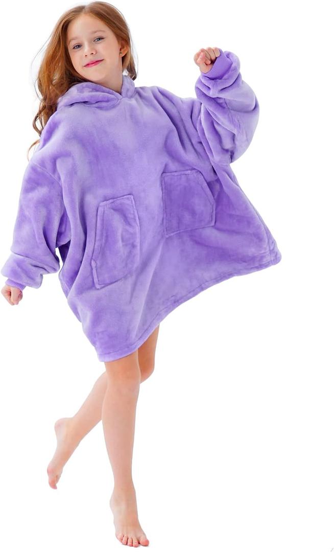 Aemicion Wearable Blanket Hoodie for Kids Super Soft Warm Oversized Hooded Blanket Sweatshirt Hoodie Blanket for Boys Girls (Light Purple)