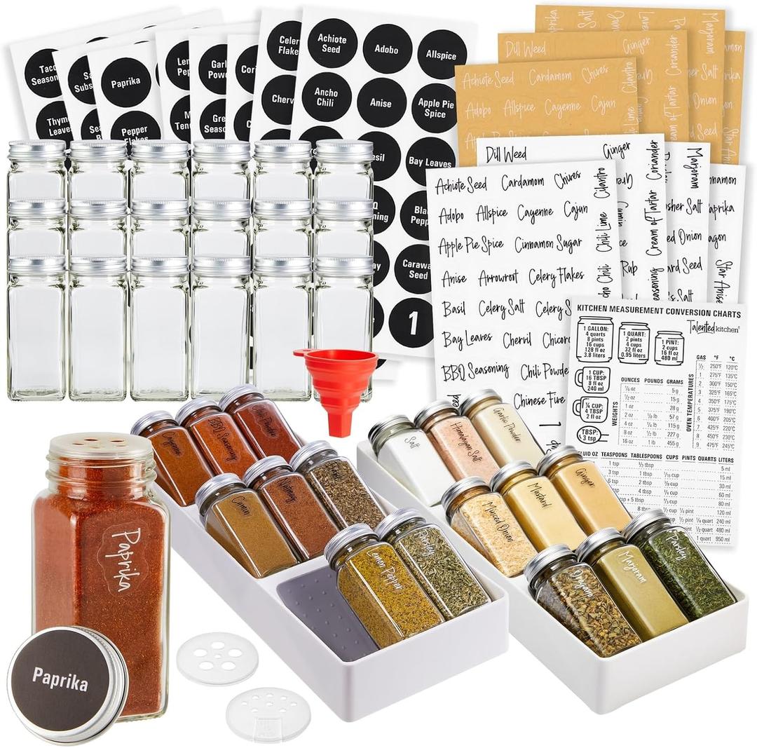 Talented Kitchen Spice Drawer Organizer with Jars and Labels with 18 Empty 4-oz Spice Bottles, 416 Seasoning Labels, 2 Pcs 3-Tier Trays for Drawer (5.9 x 15 In)