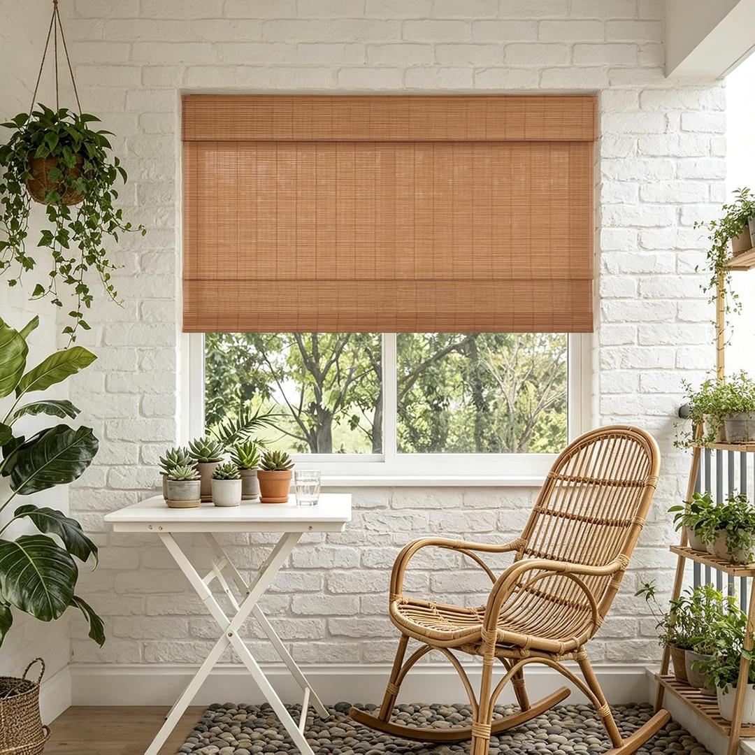 25.5" W × 64
" H No-Drill Cordless Bamboo Roman Shade,Natural Woven Bamboo Blinds for Window, Light Filtering Privacy Window Shades for Home,Office