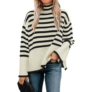 ZESICA Women's Winter Sweaters Casual Turtleneck Long Sleeve Striped Side Slit Loose Pullover Sweater Jumper Tops (Apricot, S)