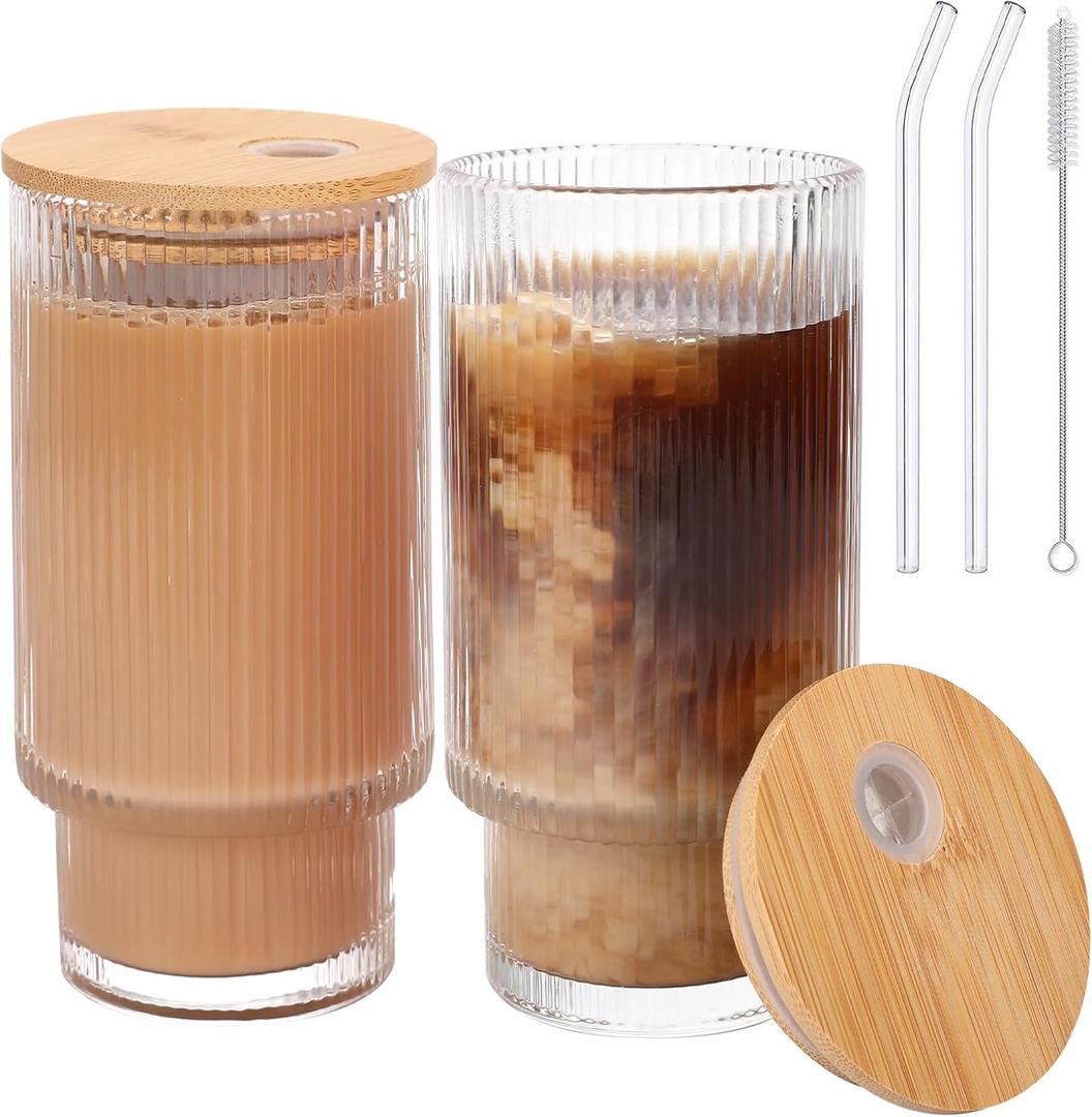 Glass Cups with Bamboo Lids and Straws - 16 oz Iced Coffee Cups, Vintage Ribbed Drinking Glasses, Tumbler for Juice, Beer, Coffee, Milk, Cocktail, Water (2 Pack) (Clear)
