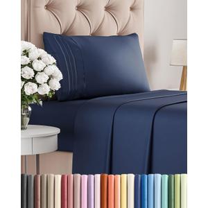 Twin Size 3 Piece Sheet Set - Comfy Breathable & Cooling Sheets - Hotel Luxury Bed Sheets for Women & Men - Deep Pockets, Easy-Fit, Extra Soft & Wrinkle Free Sheets - Navy Blue Oeko-Tex Bed Sheet Set