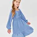 Batermoon Girls Long Sleeve Square Neck Casual Boho Smocked Short Dresses 5-14 Years (Blue, XXL)