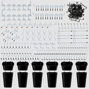 248PCS Pegboard Accessories Organizer Kit,1/8 and 1/4 inch Pegboard Hooks Assortment, Pegboard Bins, Metal Hooks for Hanging Storage (Black Cup)