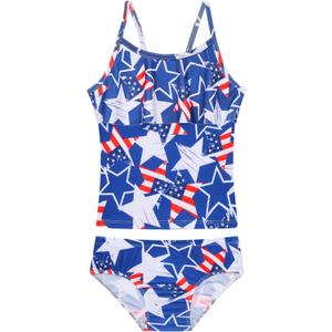 Girls Tankini Swimsuit UPF50+ Ruffle 2 Piece Bathing Suit Full Coverage Kids Swimwear (6-7 Years, Blue White)
