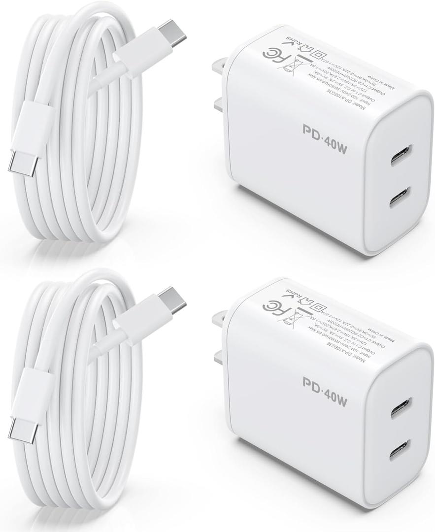 iPhone 15 16 Charger, 2 Pack 40W USB C Charger Dual Port Fast Charging Block (2-Pack 6 ft USB C to C Cable Cord Included) for iPhone 16 15 Pro Max/15Pro/15/15Plus,iPad