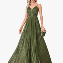 Sexy Backless Maxi Formal Dress for Women with Sequin, Sleeveless Pleated Evening Gowns for Wedding and Cocktail Large Olive Green
