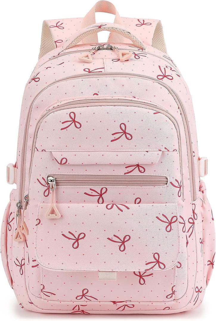 Phaoullzon Girls High Middle School Coquette Backpack for Teen Kawaii Bows Bookbag College Daypack,Pink Bow, Large