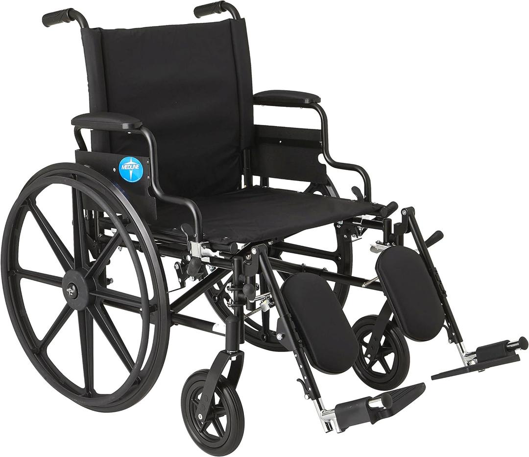 Medline Premium Ultra-Lightweight Wheelchair with Flip-Back Desk Arms and Elevating Leg Rests for Extra Comfort, Black, 22 x 18" Seat