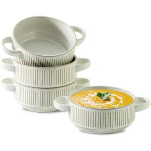 Soup Bowls with Handles, 20 oz French Onion Soup Crocks, Stackable Soup Bowl Oven Safe for Chili, Beef Stew, Embossment Ceramic Bowl Set - 5.4 Inch, Set of 4 Blue (White)