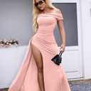 LAGSHIAN Women's Elegant Bodycon Off Shoulder Sleeveless High Split Ruched Long Formal Evening Dress (Pink, S)