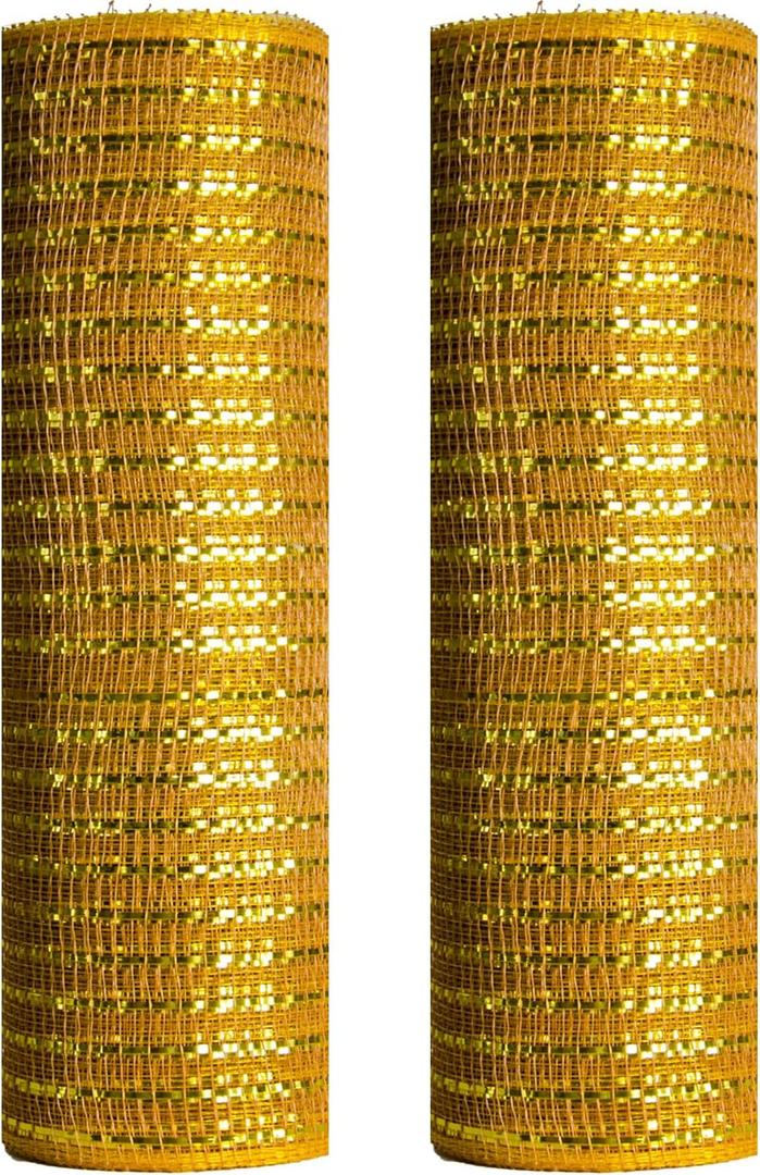 Decor Mesh Poly Ribbons 10 Inch x 30 Feet Each Roll Metallic Foil Mesh Ribbon Christmas Tree Decorative Mesh Red and White Rolls for Xmas Wreaths (Gold+Gold Foil)