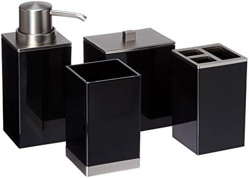 mDesign Plastic Bathroom Vanity Countertop Accessory Set - Includes,Soap Dispenser, Toothbrush Holder, Lidded Canister, and Tumbler Rinsing Cup; Lumiere Collection - Set of 4 - Black/Brushed Chrome