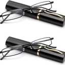 Viseng Slim Mini Metal Reading Glasses Compact Lightweight Portable Readers with Glasses Case for Reading Case,Black+Black+1.0
