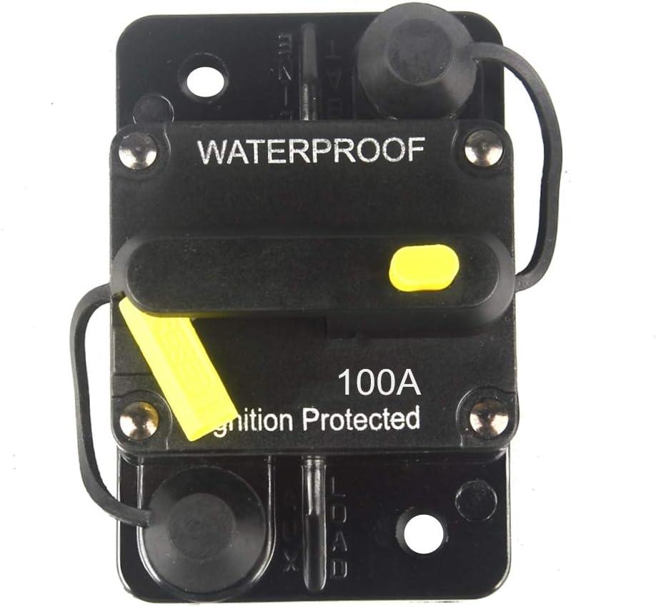 100 Amp Circuit Breaker DC 12V -48V Waterproof 30A-300A Manual Reset Fuse Inverter for Trolling Motor Auto Car RV Marine Boat Current Overload Protection (100A)