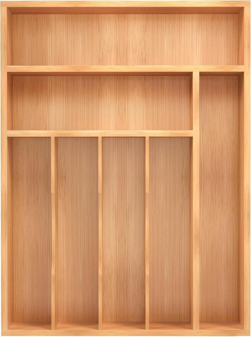 Bamboo Silverware Organizer, Kitchen Drawer Organizer, Utensil Holder, Cutlery Tray & Spoon Flatware Storage with Grooved Drawer Dividers (12.5''W x 16.5''D) (Natural)
