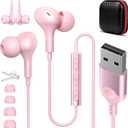 ASKUBSKU USB Headset with Microphone for PC 7.5 Ft Cable, USB A Headphones for Computer, Wired USBA Earbuds with Mute Stereo Noise Canceling Call Cord Laptop Earphones for Dell Surface Switch, Pink