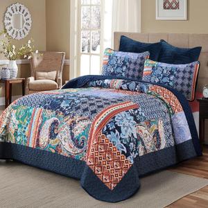 DJY Navy Patchwork Quilt Set Queen Size Blue Bedspread Boho Paisley Floral Pattern Quilt Bedding Set, 3 Pieces Blue Bohemian Soft Lightweight Coverlet for All Season 96''x90''