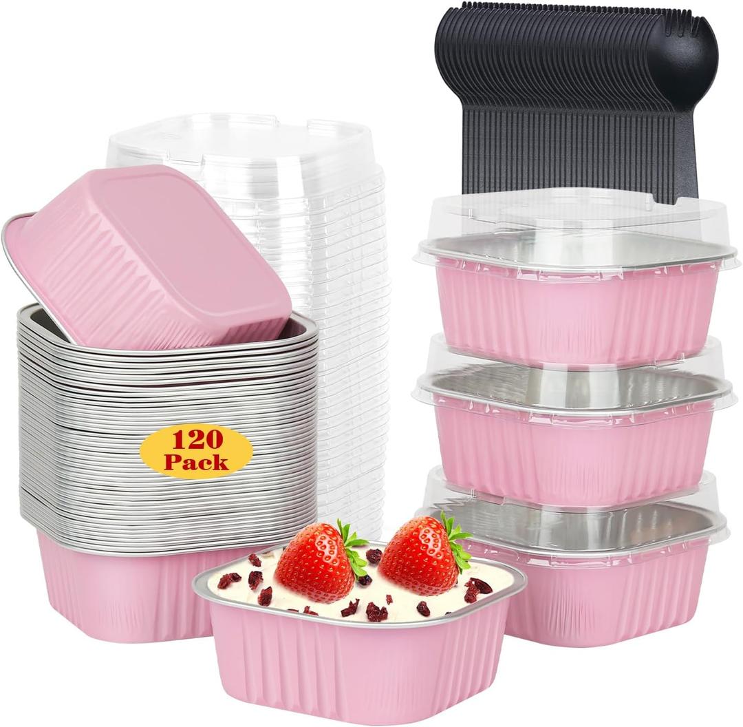 LNYZQUS 120pack/10oz Mini Cake Foil Pans with Lids, 4x4 Large Cupcake Pan Disposable Ramekins,Small Brownie Baking Cups Square Muffin Tin Cheesecake Containers Holders-Pink