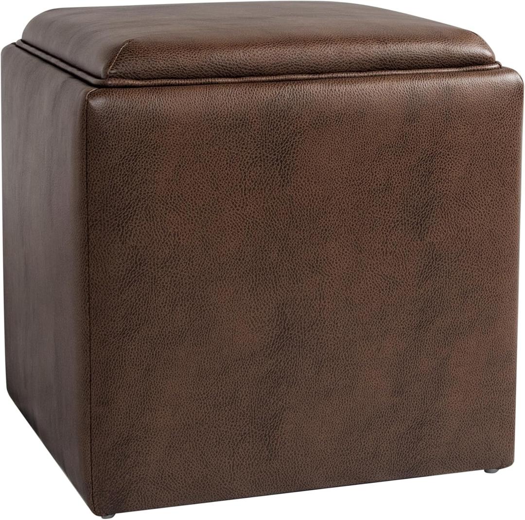 HomePop Home Decor Storage Ottoman with Tray Top|Upholstered Modern Square Storage Ottoman with Storage for Living Room & Bedroom, Brown Faux Leather