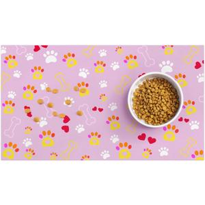 Pet Food Mat Pink Paw & Bone, Cute Absorbent Dog Cat Feeding Pad, Non-Slip Dish Mat for Food Water Bowls, Present for Dog Cat Lovers, Home Decoration, 12x20 Inch