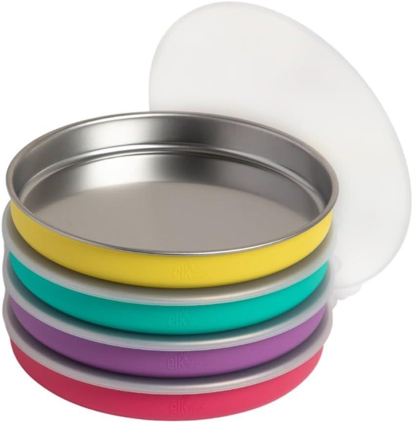 Elk and Friends 7.8 Stainless Steel Non Divided Plates with Silicone Sleeve + Storage Lid | Baby, Toddler, Kids | Dishwasher Safe | Dinner & Snack Plates | 4 Pack (PURPLE/PINK/TEAL/YELLOW)