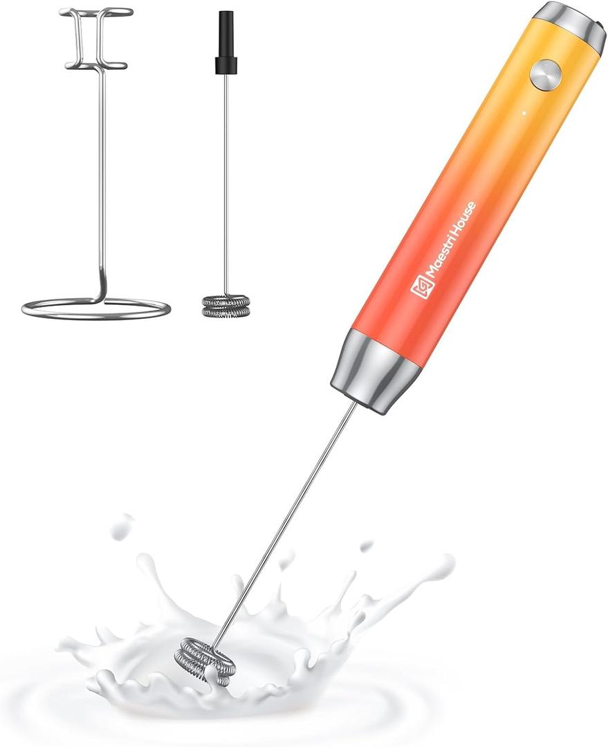 Maestri House Rechargeable Milk Frother with Stand, LunaFro Handheld Electric Foam Maker Waterproof Detachable Stainless Steel Whisk Drink Mixer Foamer for Lattes, Cappuccino (Gradient Orange)