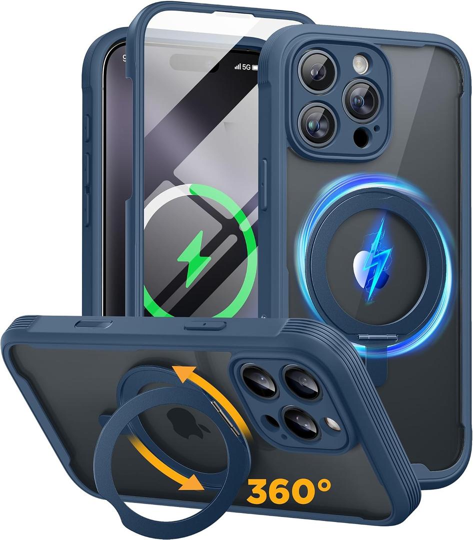 Miracase for iPhone 16 Pro Max Case with 360 Magnetic Ring Stand [Compatible with Magsafe] Full-Body Drop Proof Bumper Phone Case with Built-in 9H Tempered Glass Screen Protector,Blue