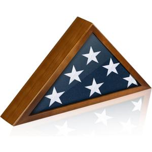 Flag Case for Burial Flag, 5' x 9.5' Funeral Flag Display Case Brown Wood Memorial Flag Shadow Box for Military Veterans with Glass Covered and Wall Mounted