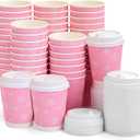 100 Pcs Snowflake Paper Coffee Cups 12 Oz Winter Disposable Extra Thick Insulated Beverage Cups with Leak Proof Lids for Wonderland Winter Christmas Party (Pink)