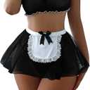 Foxiny Sexy Stockings Mini Skirt Mesh Sheer Lace Halloween Costume Maid Outfit Lingerie with Thong Set 4 Piece (Black), Small