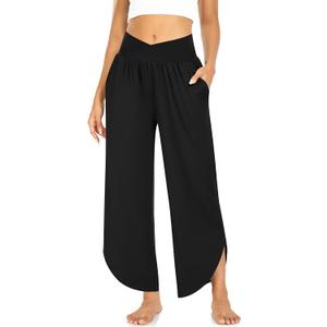 TARSE Wide Leg Pants for Women Cross High Waisted Yoga Pants Casual Lounge Joggers Loose fit Pajama Bottoms with Pockets (Large, Black)