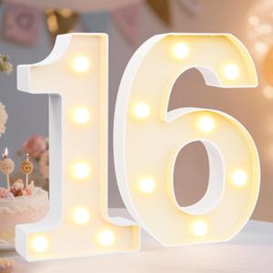 Pooqla Decorative Led Light Up Number Letters, White Plastic Marquee Number Lights Sign 16th Birthday Decorations for Girls Boys Party Wedding Decor Battery Operated Number (16) (8.86 in)