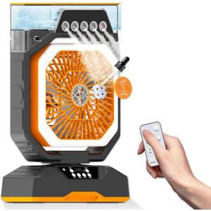 Desk Fan 5 Sprayers Rechargeable Misting Fan for Camping & Home  6 Speed Portable Cooling Fan with Mist 560ml Water Tank Aromatherapy Diffuser Timer 27000mAh Fast-Charging Battery (Black & Orange)
