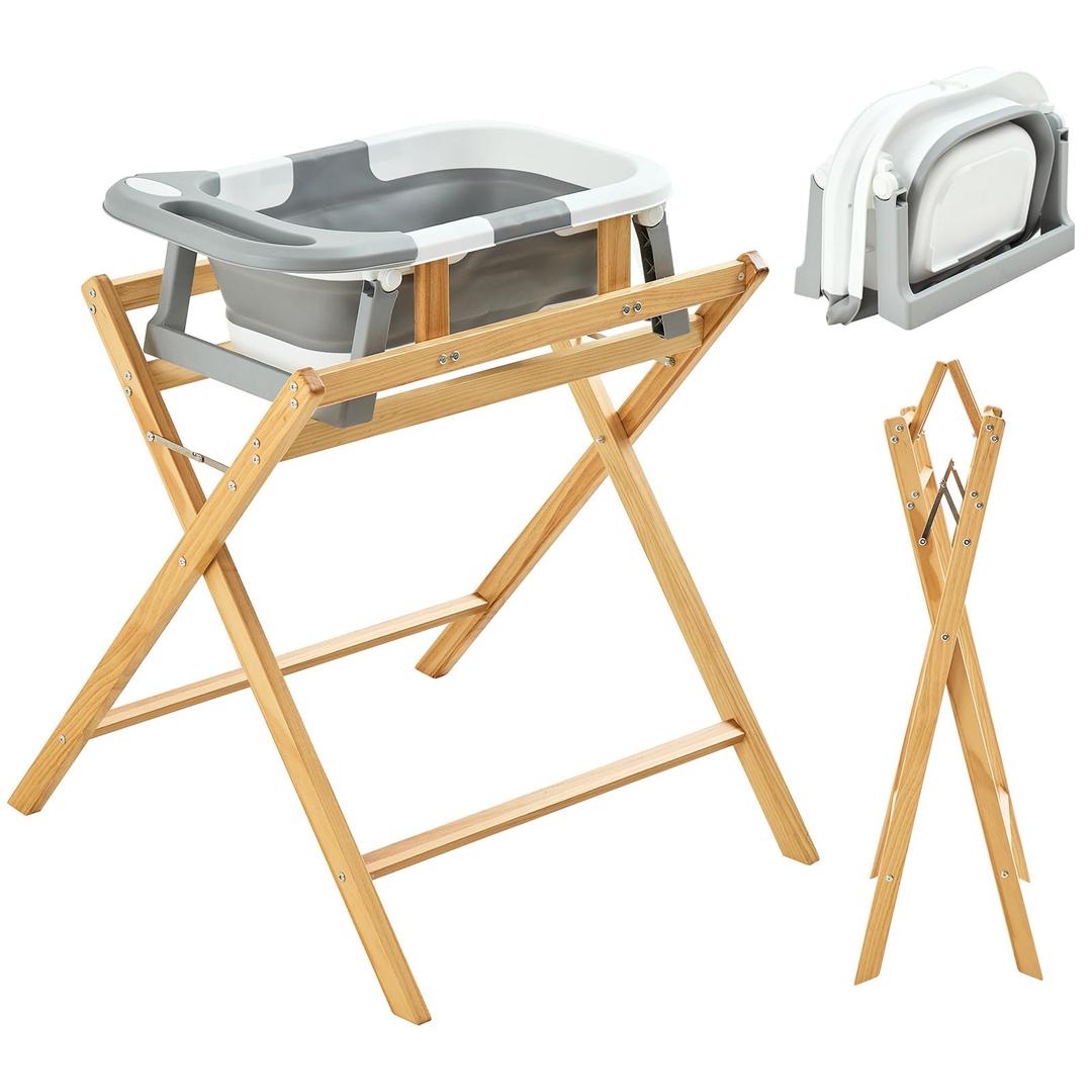 FUNLIO Wooden Baby Bathtub Stand, Foldable Baby Bath Stand for 0-24 Months, Safe & Sturdy with 8-Point Support, Durable Infant Tub with Waterproof Coating, 110lbs Capacity