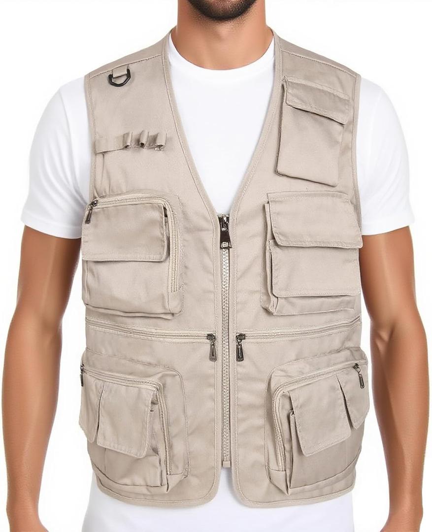 Mens Fishing Vest Summer Outdoor Work Safari Travel Photo Vest with Multi Pockets (Beige, S)