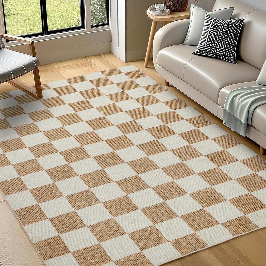 Washable Rug 5x7 Checkered Rug, Beige and White Area Rug, Boho Large Rugs for Living Room, Low Pile Lightweight Indoor Carpet with Non-Slip Backing for Bedroom Classroom Playroom Kids