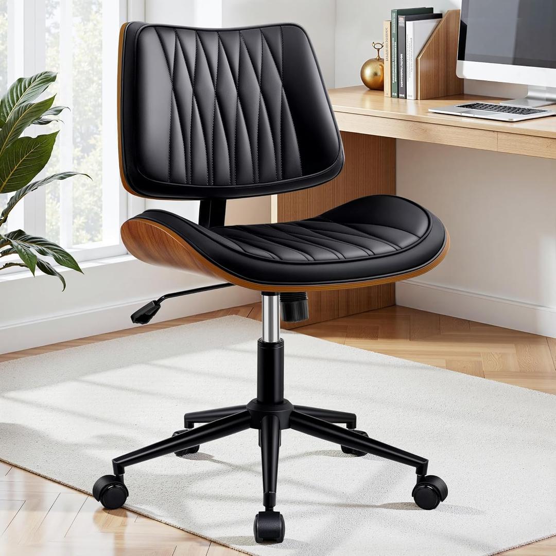 Ergonomic Armless Office Desk Chair - Mid-Century Modern Black Faux Leather with Diamond Stitch, Adjustable Height Swivel Rolling Task Computer Chair with Walnut Accent for Home Office, Study & Work