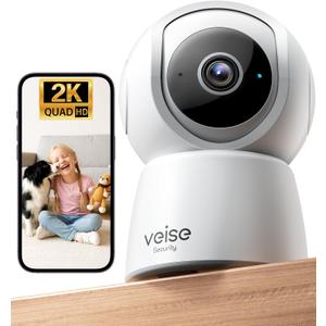 Veise 2K Indoor Security Camera 2.4GHz, 360 Pan/Tilt Pet Camera with Motion Tracking, Baby Monitor, 2-Way Audio, Night Vision, Cloud/SD Storage, Compatible with Voice Assistant, White