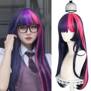 JoneTing 70cm 27inch Purple Pink Wigs+Hair Cap Women Long Straight Purple Mix Pink Wig with Bangs Women Long Wavy Purple Pink Hair with Bangs Halloween Party Christmas Outfit