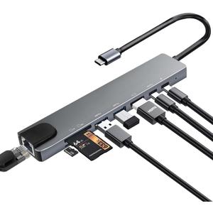 USB C Hub Multiport Adapter, 8 in 1 USBC Dongle with 4K HDMI, RJ45 Ethernet, 100W PD Charging, USB 3.0, SD/TF Card Reader, USB-C Docking Station for MacBook Pro/Air, Dell, HP and Other Type C Devices