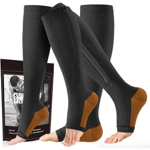cerpite Zipper Compression Socks - 2 Pairs Open Toe Compression Stockings for Men Women 15-20mmHg,Suit for Running, Sport (Large-X-Large, Black Copper)