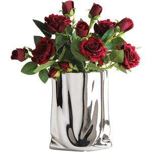 Silver Vase, Paper Bag Modern Minimalist Metallic Luster Ceramic Flower Vase for Home Decor, Table, Living Room Decoration, Shelf Decor, Mantel (Silver-Large)